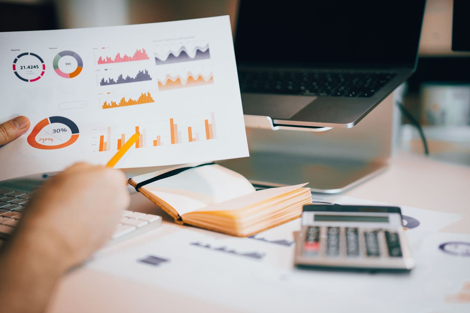 A financial summary of charts reviewed beside a laptop and calculator