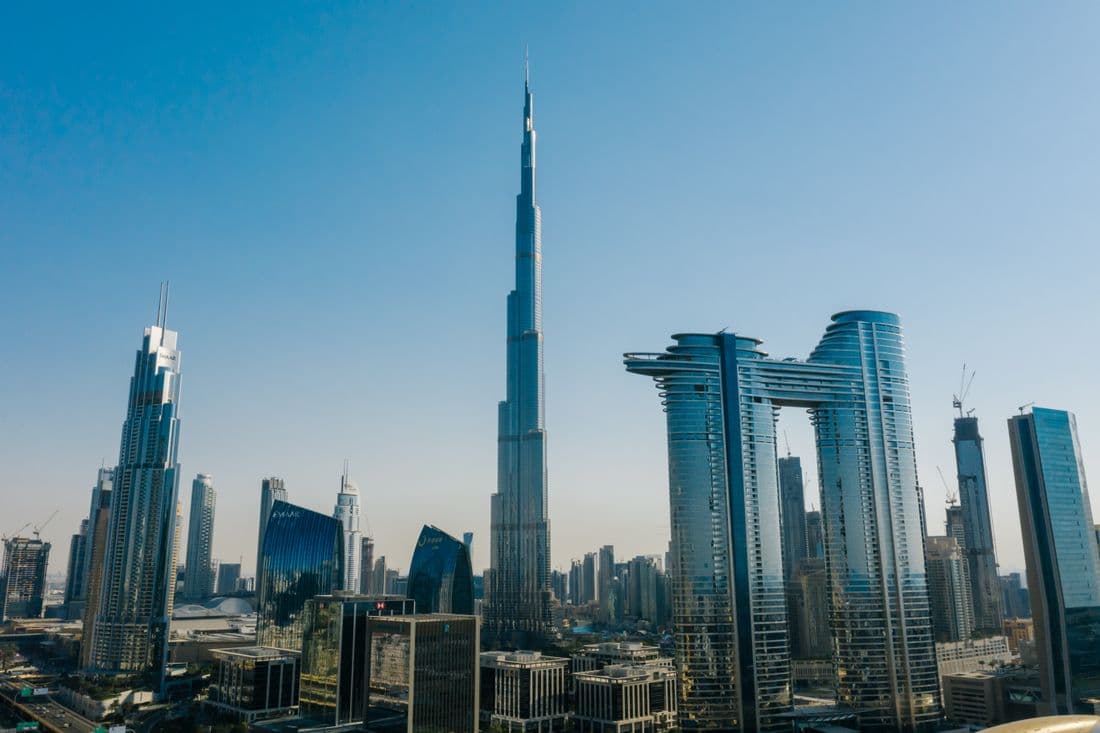 The Dubai skyline with the Burj Khalifa above the surrounding towers